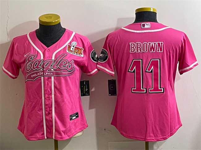 Women%27s Philadelphia Eagles #11 A.J. Brown Pink 2025 Super Bowl LIX Patch Cool Base Stitched Baseball Jersey->new york giants->NFL Jersey